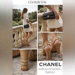 Chanel Cork Sculpted Heel Sandals Size 40 Peep Toe Slingback